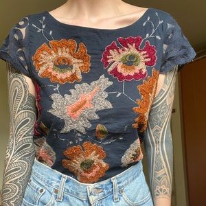 Anthropologie floral embroidered top